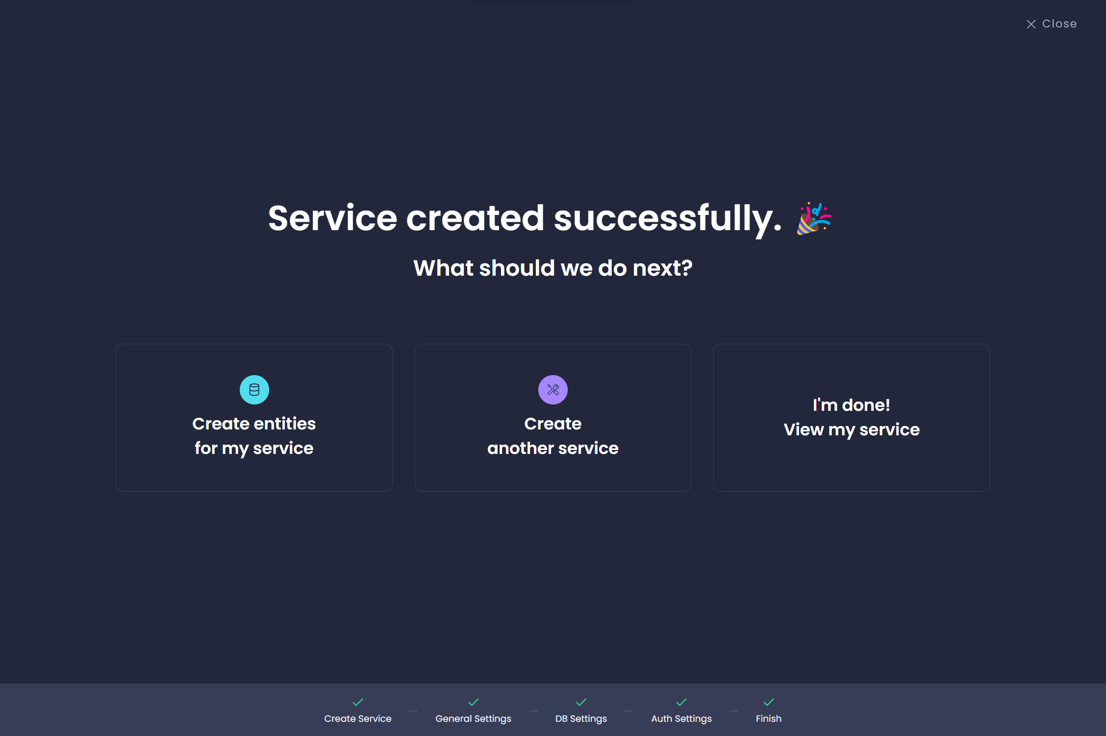 The Service Wizard completion screen.